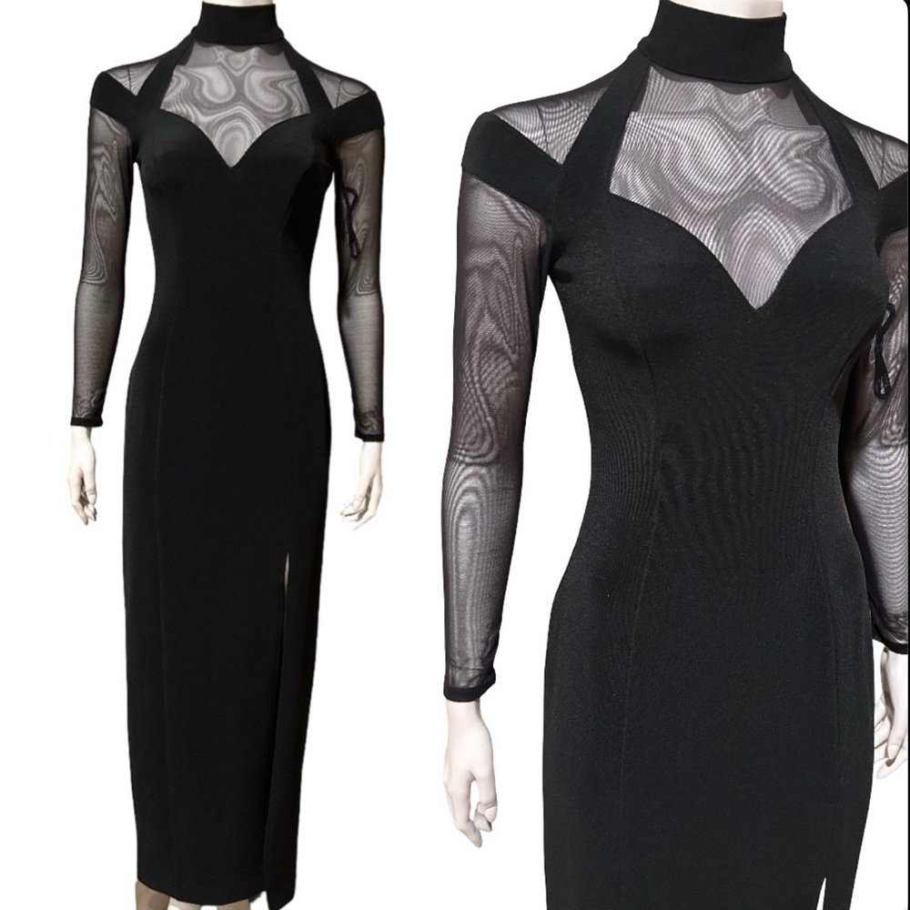 Vintage Tadashi Black Mesh Illusion Gown - 90s Y2K Formal Evening Dress SIZE:MED
